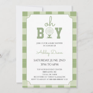 Invitation Thème Baby Shower de golf à carreaux vert sauge