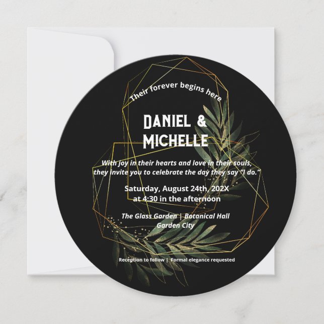 Invitation Thème botanique de mariage noir or moderne en arc (Devant)