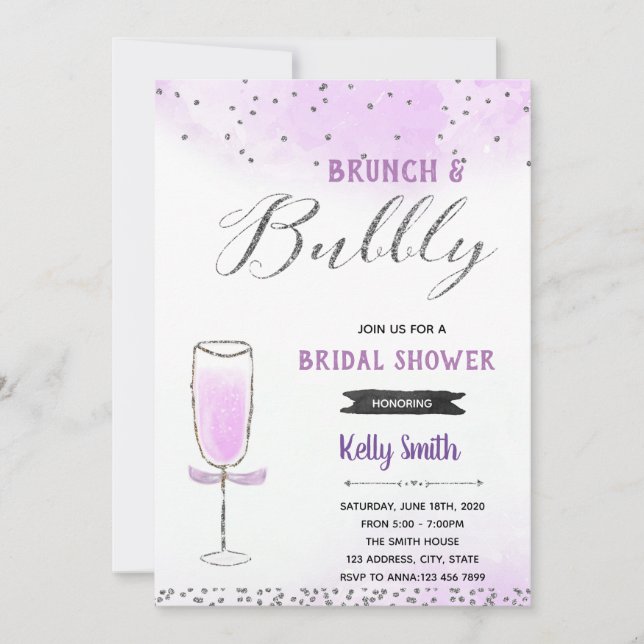Invitation Thème brunch et bulles argent et violet (Devant)