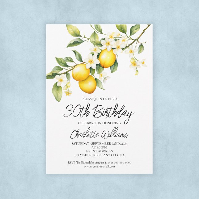 Invitation Thème Citron Aquarelle 30e fête d'anniversaire (Lemon Theme Watercolor 30th Birthday Party Invitation
)