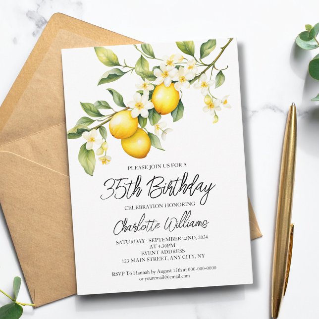 Invitation Thème Citron Aquarelle 35ème anniversaire (Lemon Theme Watercolor 35th Birthday Party Invitation
)