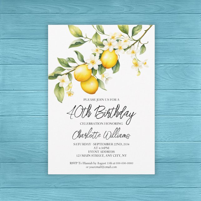 Invitation Thème Citron Aquarelle 40e fête d'anniversaire (Lemon Theme Watercolor 40th Birthday Party Invitation
)