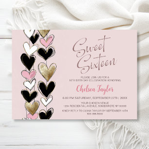 Invitation Thème Cœur Or Noir Rose Anniversaire 16 Ans Sucré