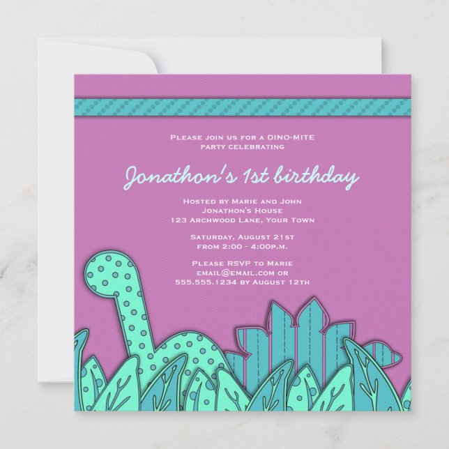 Invitation Thème Cute Dinosaur Fête d'Anniversaire - Turquois (Devant)