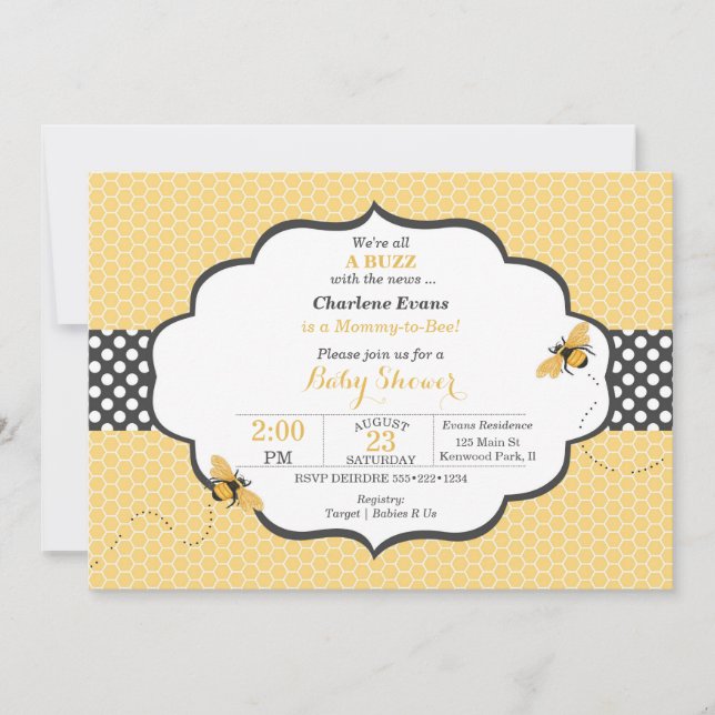 Invitation Thème d'abeille Honeycomb Or & Gris Polka Dot (Devant)