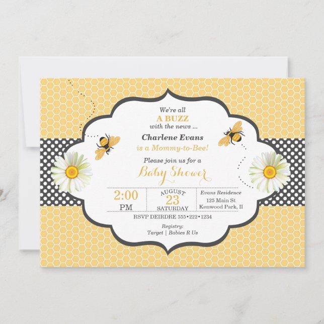 Invitation Thème d'abeille Honeycomb Or & Gris Polka Dot (Devant)