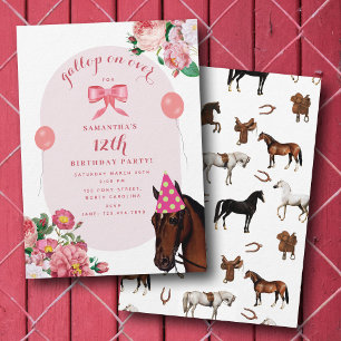 Invitation Thème d'anniversaire Cheval Fleur Rose Cowgirl Fil