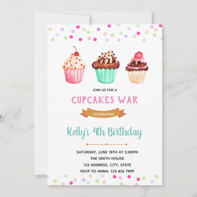 Invitation Thème d'anniversaire de la guerre des Cupcakes (Devant)