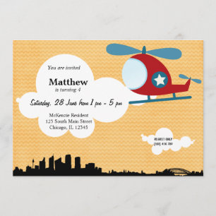 Invitation Thème d'anniversaire de l'hélicoptère (Orange)