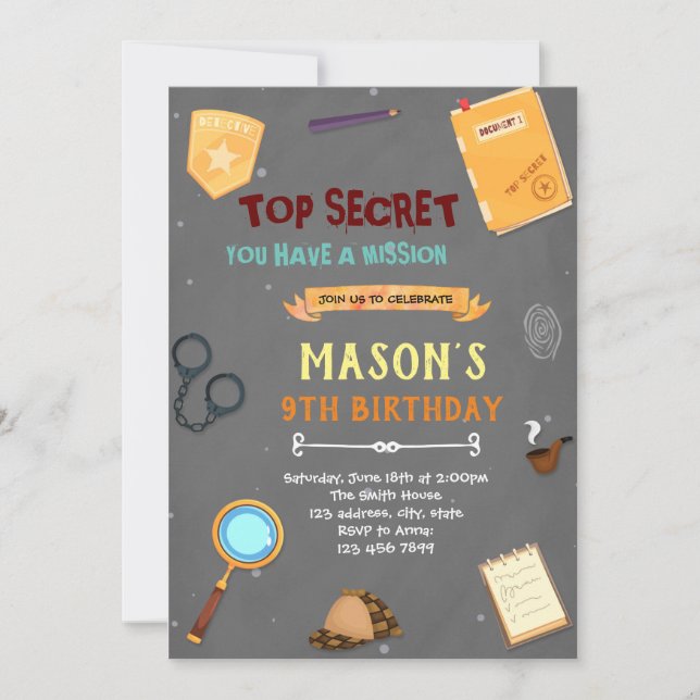Invitation thème d'anniversaire d'espion (Devant)