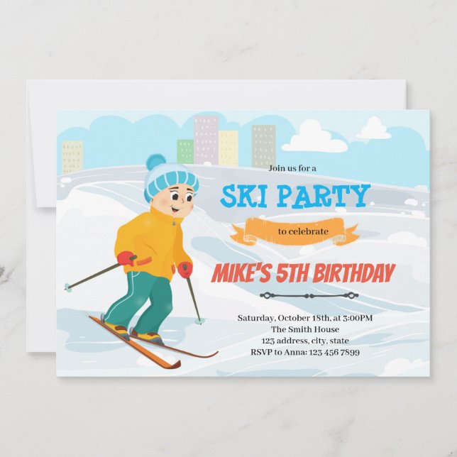Invitation thème d'anniversaire ski garçon (Devant)