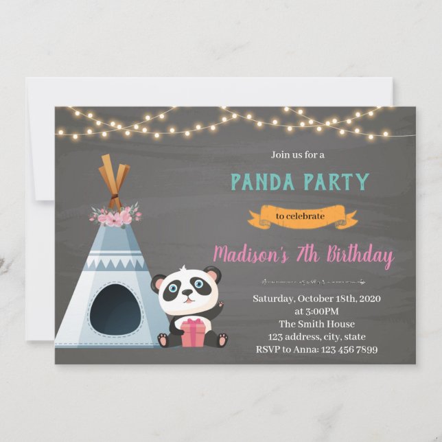Invitation thème d'anniversaire yourte panda (Devant)