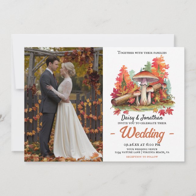 Invitation Thème d'automne avec mariage d'aquarelle de champi (Devant)
