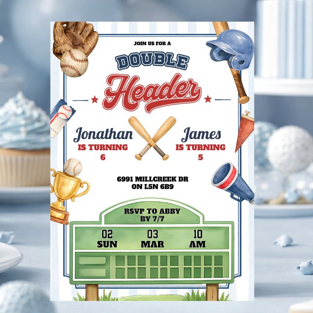 Invitation Thème de baseball Double Header Twin Joint Anniver (Créateur téléchargé)