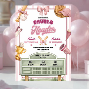 Invitation Thème de baseball rose violet pour un double anniv