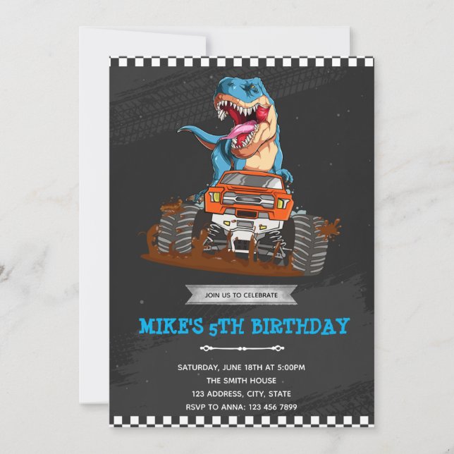 Invitation Thème de camion monstre T rex (Devant)