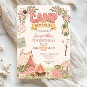 Invitation Thème de camping rose bohème pour l'anniversaire d