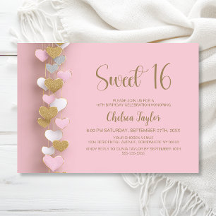 Invitation Thème de cœur rose et or pour un 16e anniversaire