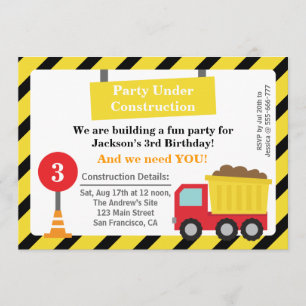 Invitation Thème de fête d'anniversaire camion de chantier à