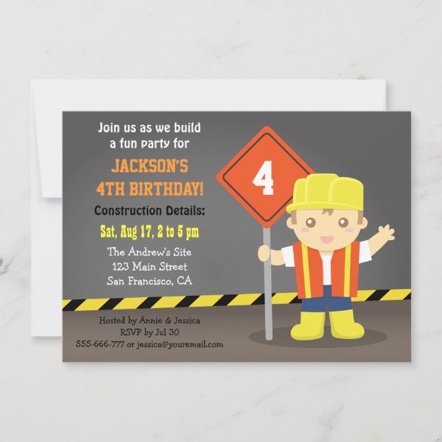 Invitation Thème de fête d'anniversaire Construction Builder  (Devant)