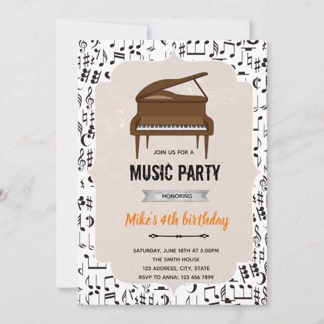 Invitation Thème de fête d'anniversaire piano musique (Devant)