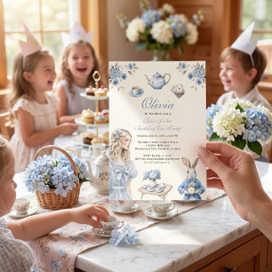 Invitation Thème de fête de thé aquarelle bleue Wonderland