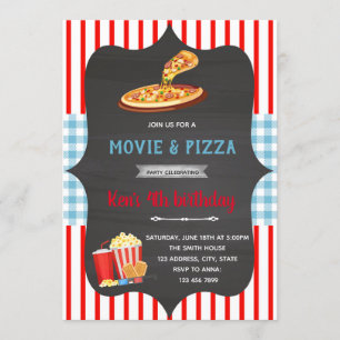 Invitation thème de film de pizza à carreaux rouge