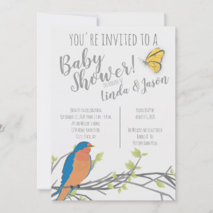 Invitation Thème de forêt  Baby Shower avec oiseau bleu et fe