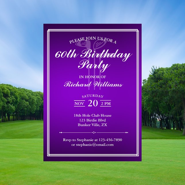 Invitation Thème de golf classique violet blanc 60e anniversa (Créateur téléchargé)