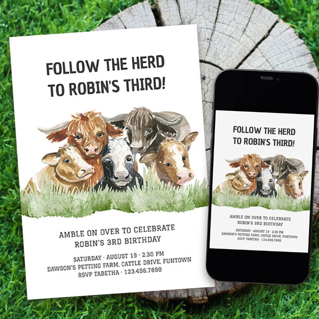 Invitation Thème de la ferme Suivez le troupeau 3ème annivers (Invite your guests to amble on over with a fun farm themed "Follow the Herd" 3rd birthday invitation)
