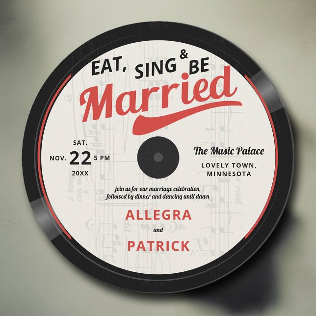 Invitation Thème de musique Vintage Retro Vinyl les années 70 (music wedding invitation vinyl record vintage retro black white 70s 80s groovy red black white)