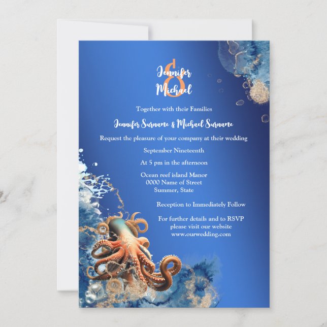 Invitation Thème de plage mariage octopus orange bleu (Devant)