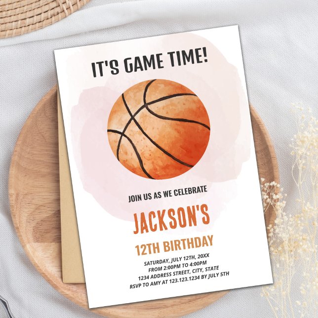 Invitation Thème de sport artistique pour enfants (Watercolor Basketball Birthday Invitations)