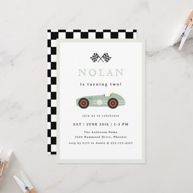 Invitation Thème de voiture de course rétro pour anniversaire (Devant/Arrière en situation)