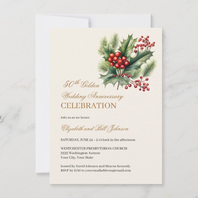Invitation Thème d'hiver Floral Gold 50e anniversaire Mariage (Devant)