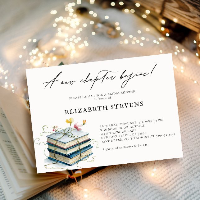 Invitation Thème du livre Fête des mariées Fleurs sauvages No (book theme bridal shower invitation book lover bookish wildflowers floral calligraphy elegant chic)