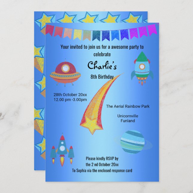 Invitation Thème Espace Blue Star Anniversaire (Devant / Derrière)