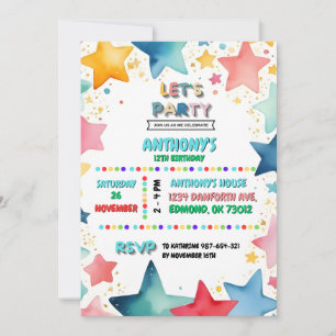 Invitation Thème étoile coloré 12ème anniversaire pour les en