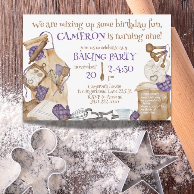 Invitation Thème Fille Baking Anniversaire Fête violet (Girl Baking Theme Birthday Party Purple Invitation)