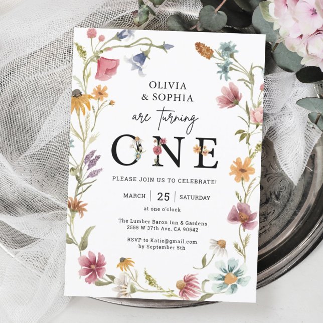 Invitation Thème fleur sauvage 1er Twins Anniversaire (Créateur téléchargé)