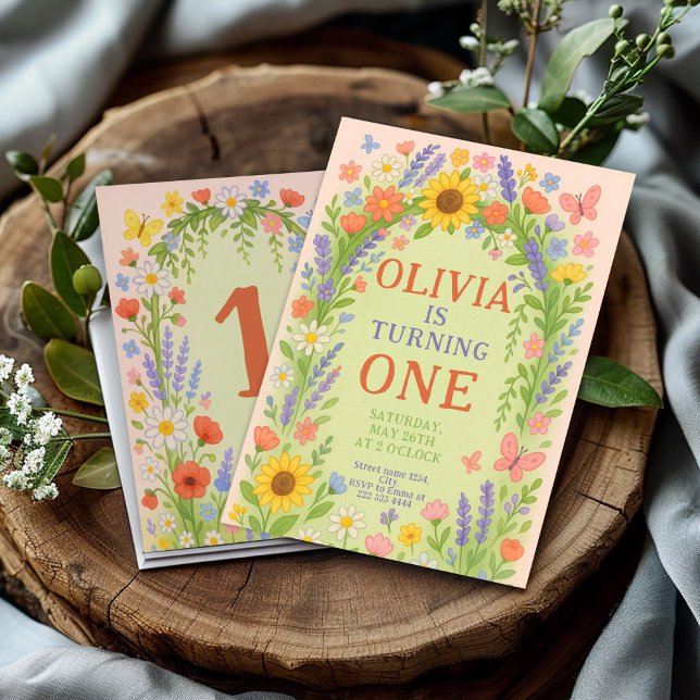 Invitation Thème fleur sauvage Fille 1er anniversaire, 1er an (Créateur téléchargé)