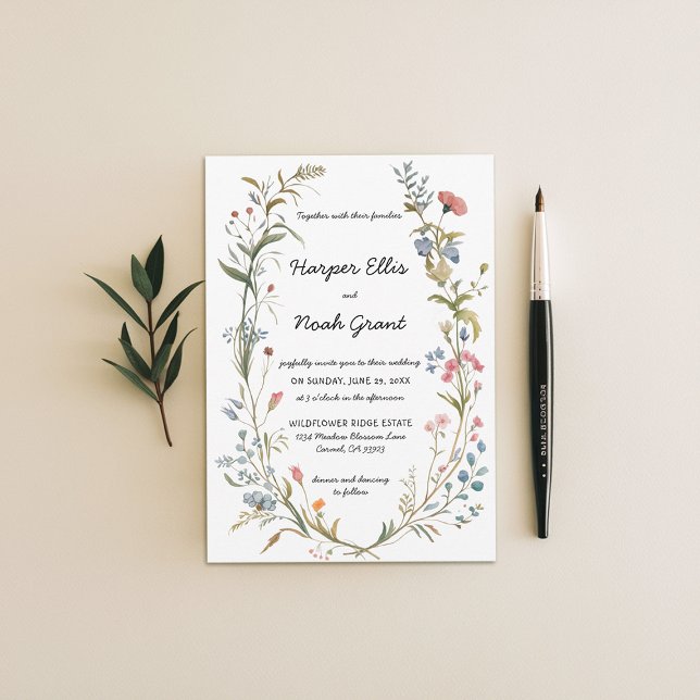 Invitation Thème fleur sauvage Pastel Blue Mariage écrit à la (wildflowers wedding invitation manor floral frame hand-written modern garden backyard barn blue pink)