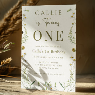 Invitation Thème fleur sauvage Sage Green Girl 1er anniversai