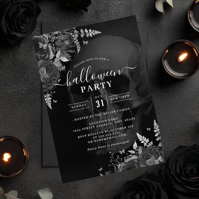 Invitation Thème foncé Crâne Floral Halloween Party (Créateur téléchargé)