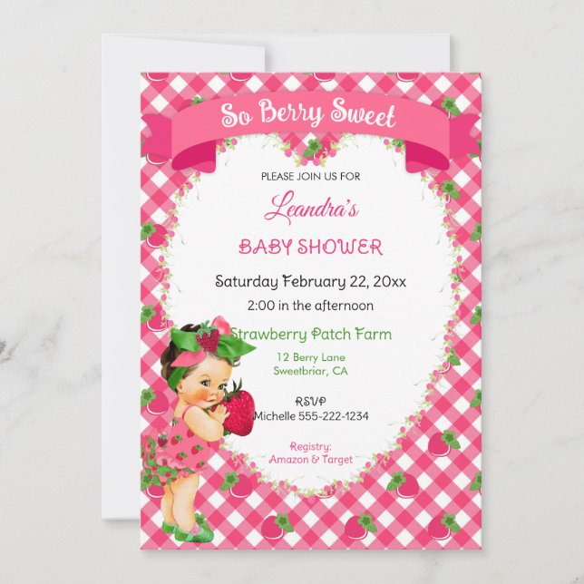 Invitation Thème fraise Baby Girl En vichy rose vert (Devant)