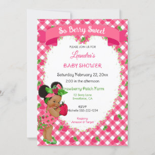 Invitation Thème Fraise Bébé Fille Gingham Rose Vert 