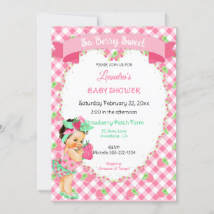 Invitation Thème Fraise Fille Gingham Rose Menthe 