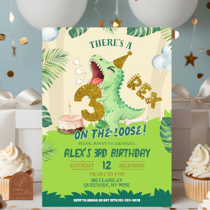 Invitation Thème Garçon Dinosaure Vert 3-Rex Troisième Annive