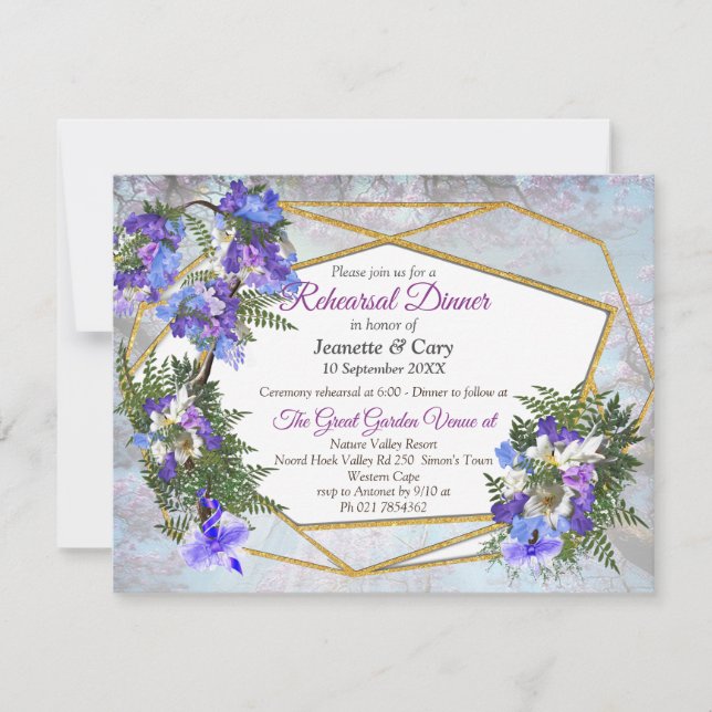 Invitation Thème Géométrique Or & Fleurs Jacaranda (Devant)