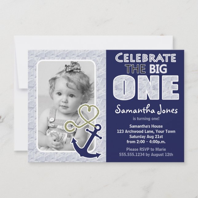 Invitation Thème marin Cute Premier Anniversaire Fête Bleu (Devant)